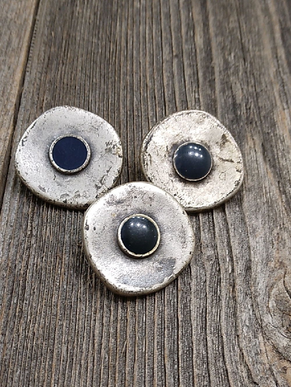 Vintage Silver Round Disc Buttons with Dark Blue and Black Enamel Set of 3